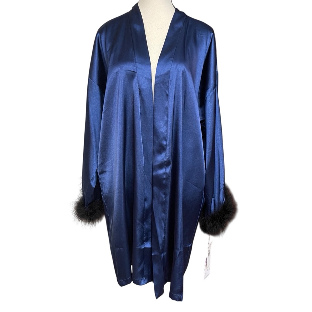 Woman's In Bloom Midnight Blue Soft Satin Like Robe with Black Fluffy Trim M/L